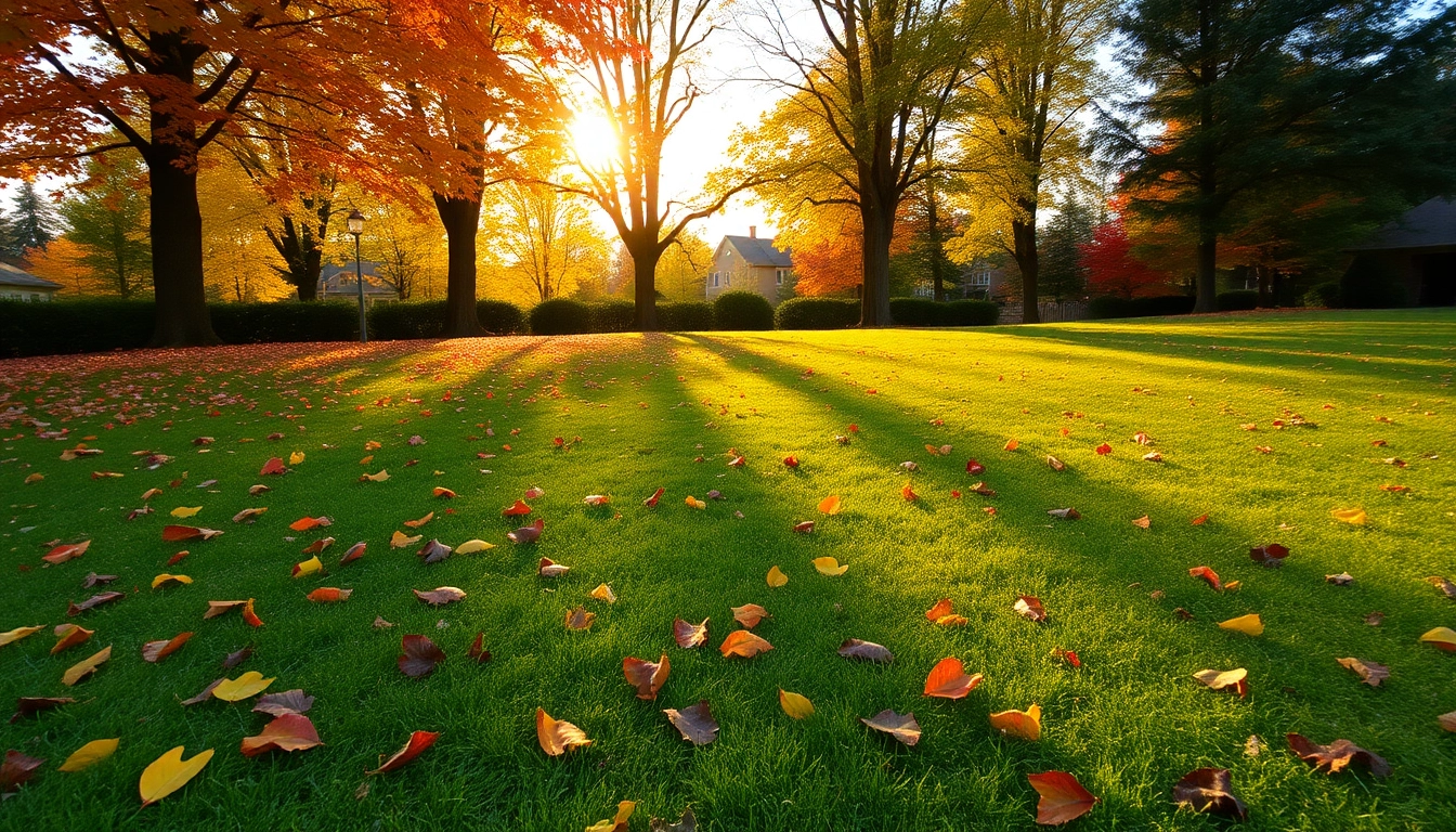 Efficiently performing a fall clean up by removing vibrant autumn leaves from a well-kept lawn.