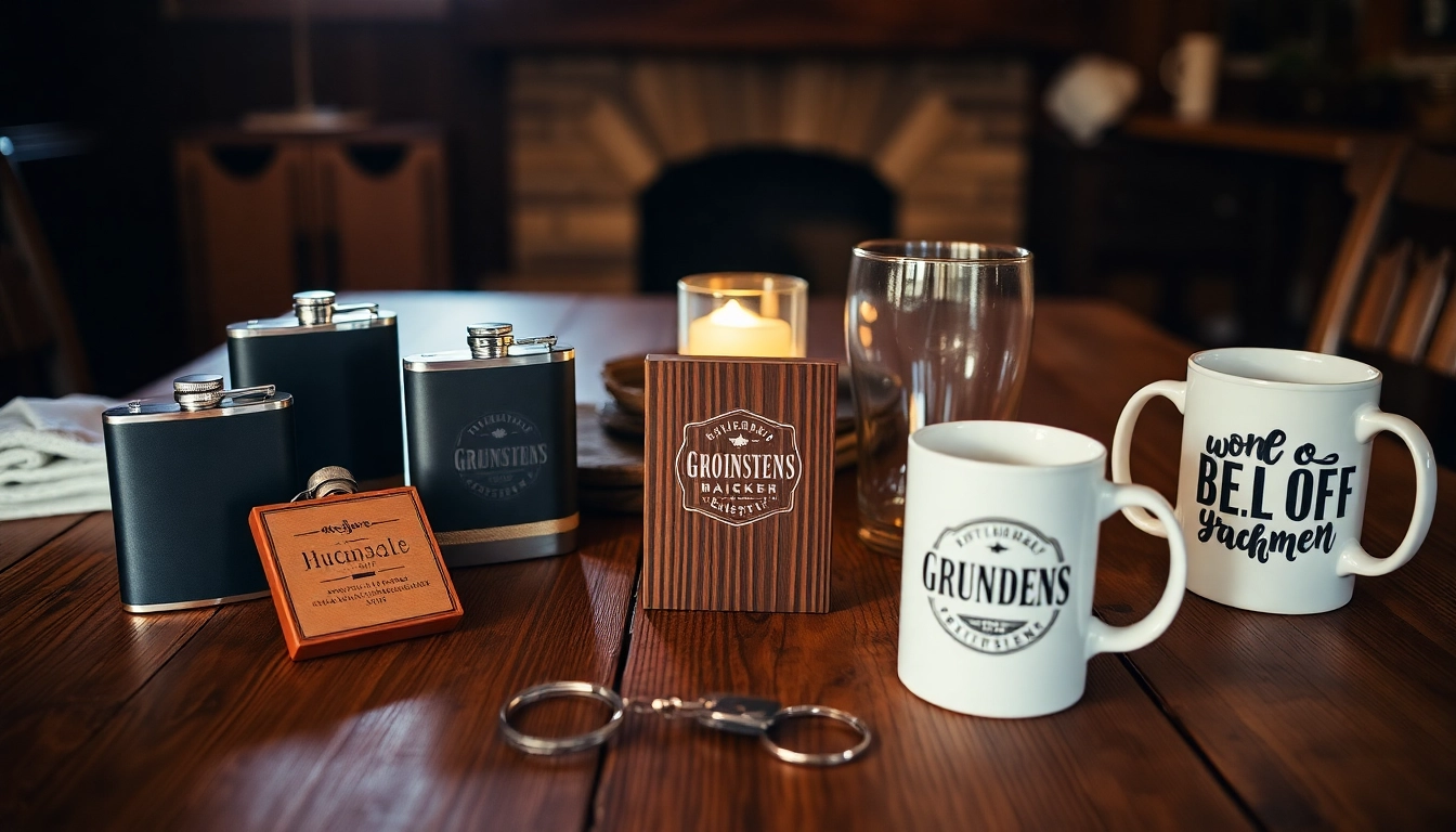 Discover unique cheap groomsmen gifts like personalized flasks and custom keychains on a rustic wedding table.