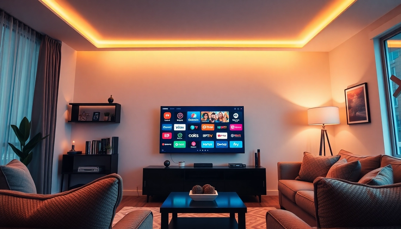 Watch diverse IPTV Suisse channels in a cozy modern living room with a glowing TV.