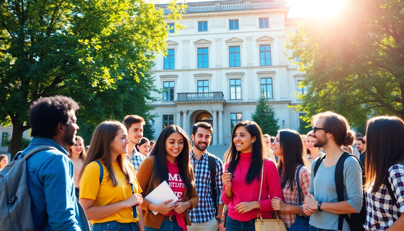 Students engaged in discussion in front of a university, emphasizing Avrupa'da Üniversite Okumak opportunities.