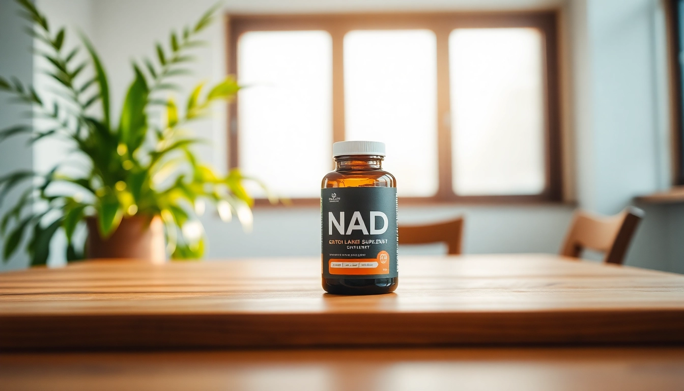 Showcasing an NAD supplement bottle on a wooden table, emphasizing its natural design.