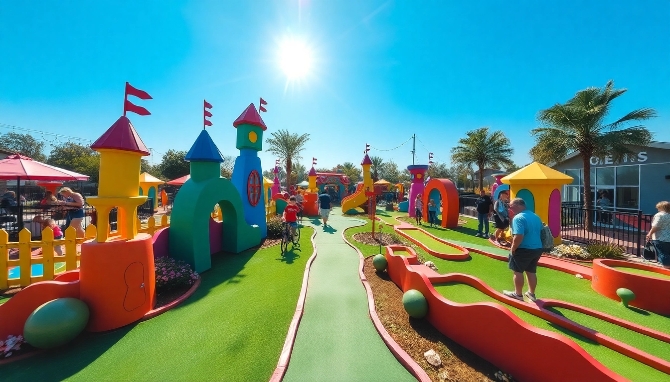 Enjoying a round of Mini Golf Houston featuring colorful obstacles and vibrant players in action.