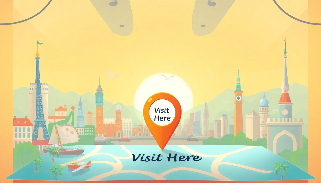 Actionable guide for travelers showing a scenic destination marked as 'Visit Here' with iconic landmarks in the background.