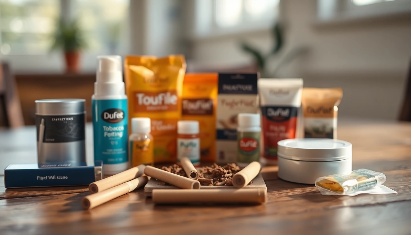 Tobacco replacement products displayed on a wooden table, showcasing various alternatives for quitting smoking.