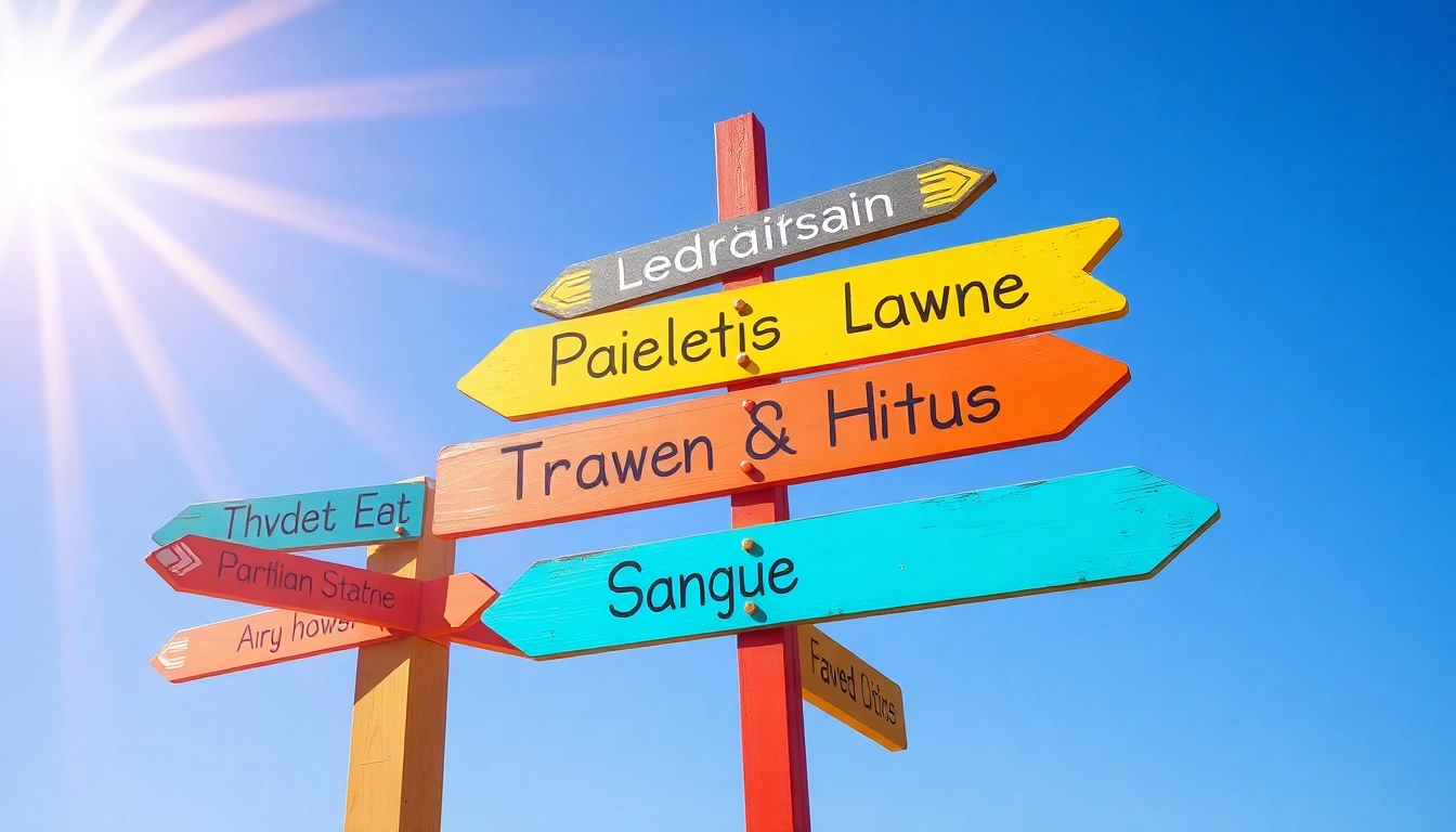 Explore travel destinations by following this colorful signpost; Visit Here for your next adventure.