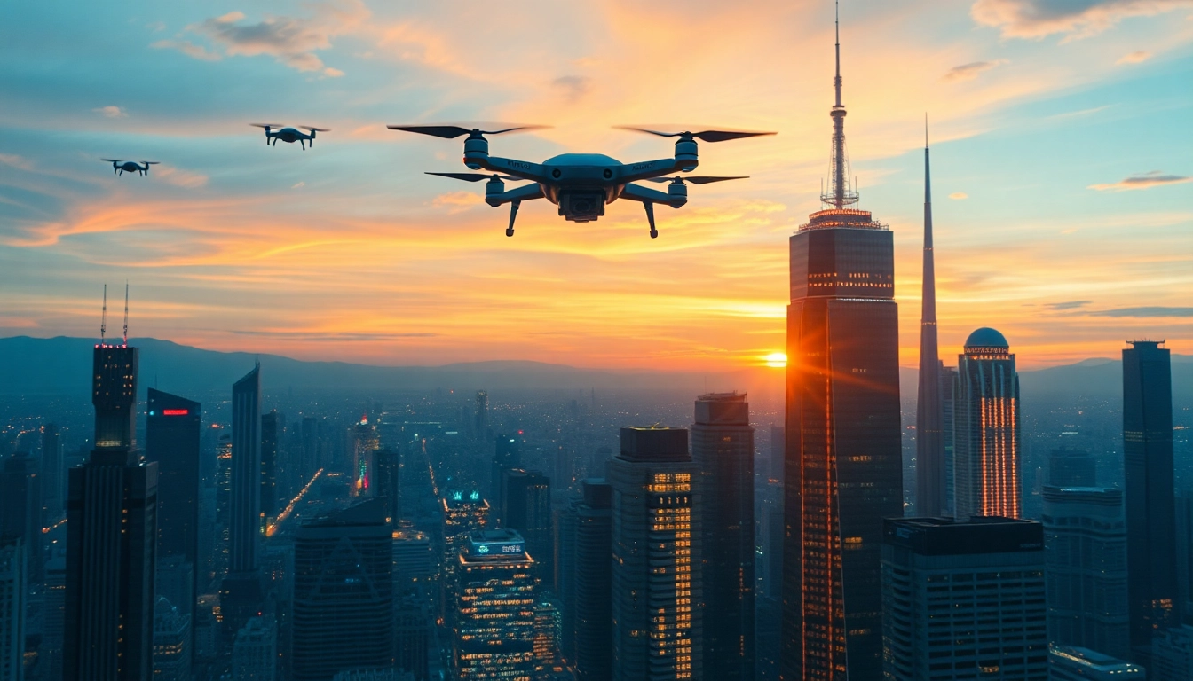 Tech innovations in a futuristic city skyline with drones soaring above during sunset.