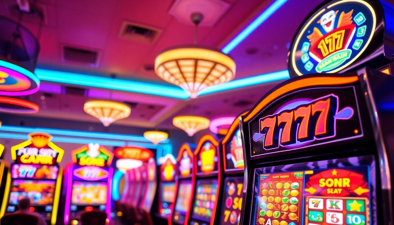 Engage with the exciting สล็อต777 slot machine surrounded by colorful gaming machines in a bright casino environment.