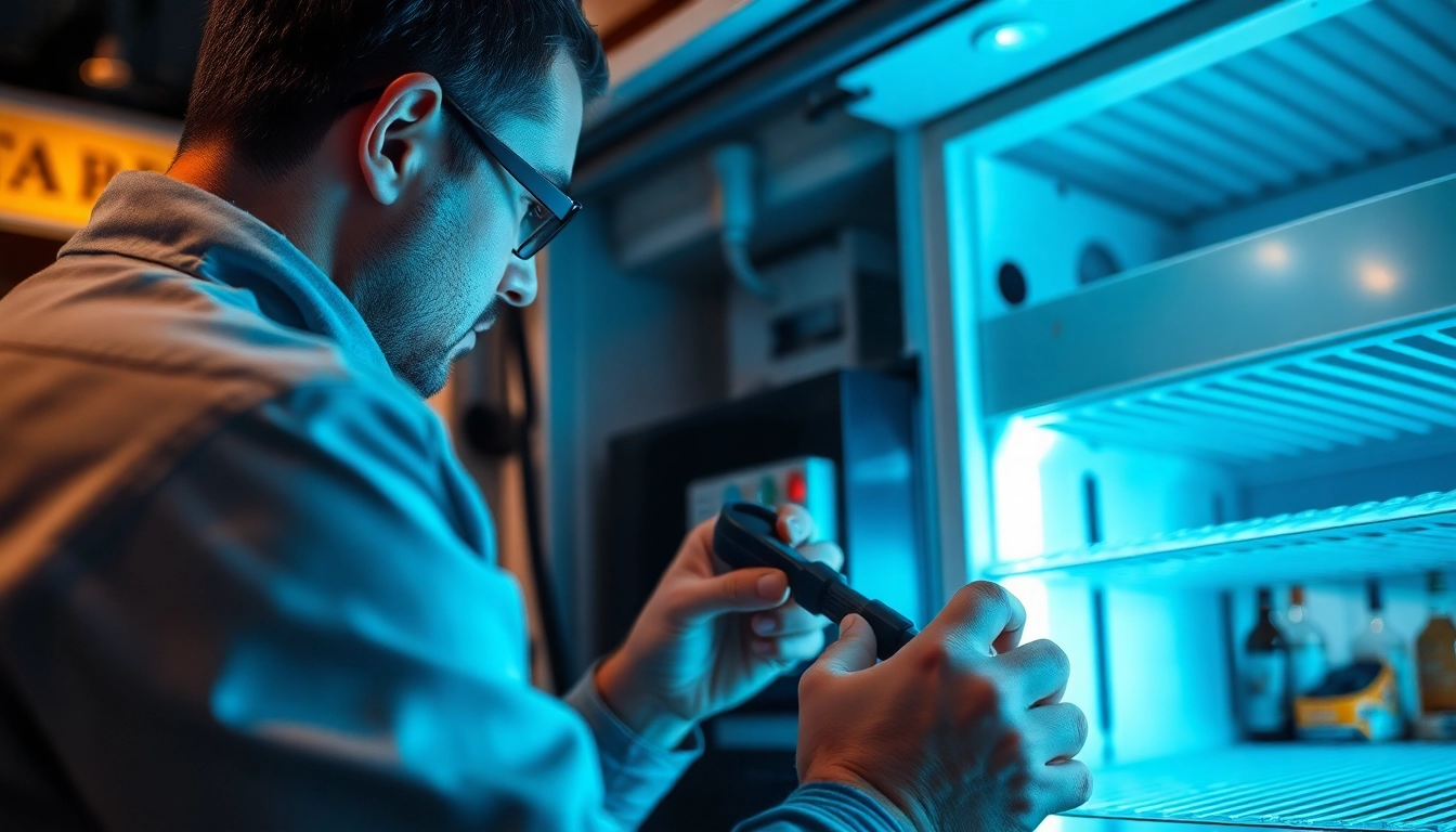 Technician performing bar refrigeration repair on a commercial cooler, ensuring optimal performance.