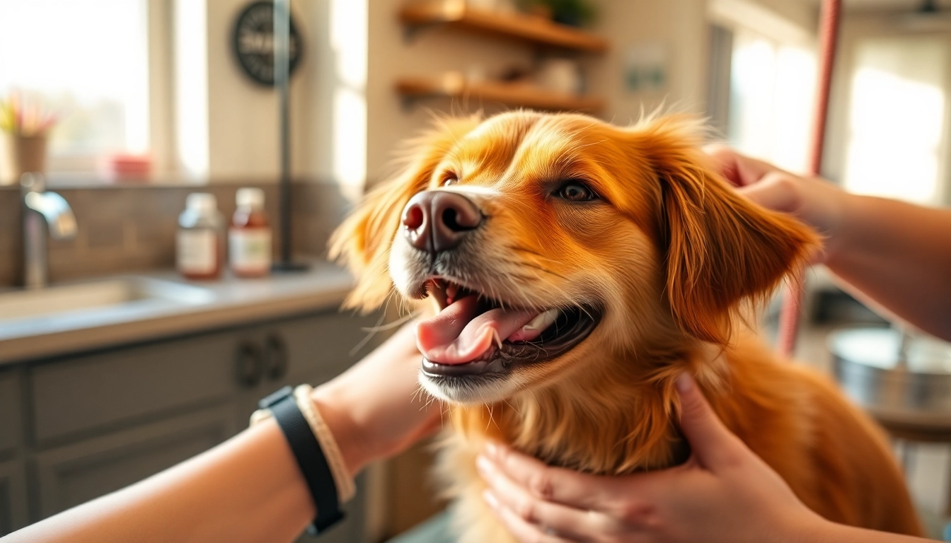 Happy dog receiving care at Kate's K9 Pet Care, showcasing a warm salon environment.