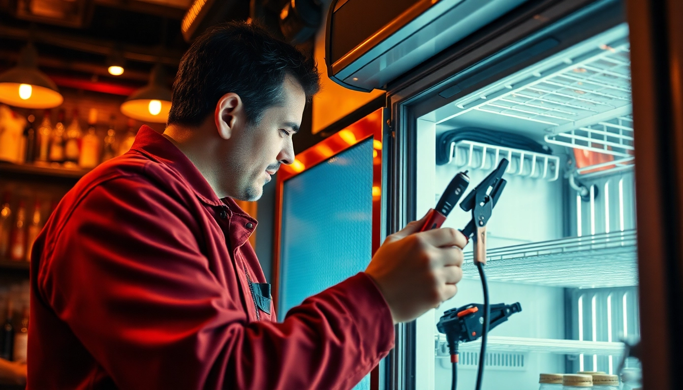 Technician performing bar refrigeration repair on a cooling unit in a bar setting.